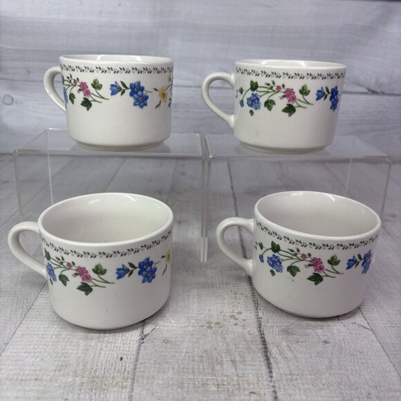 Farberware ENGLISH GARDEN Pink Blue Floral Rim Stoneware 8 oz Flat Cups Set of 4 - Picture 5 of 16